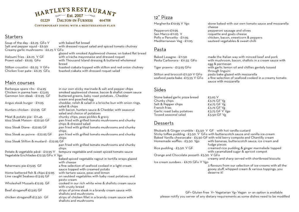 Hartley's Restaurant, DaltoninFurness Mediterranean Dining in Cumbria