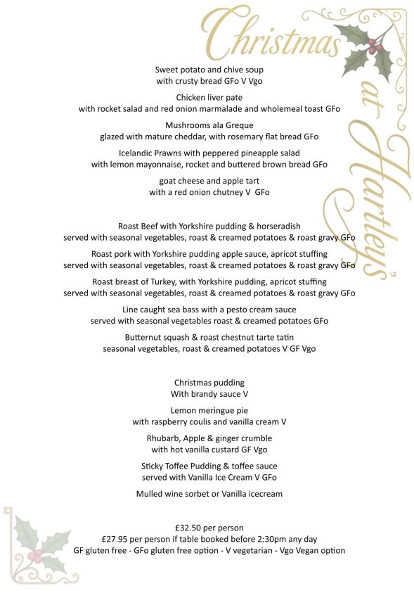 HARTLEYS CHRISTMAS MENU 2025
